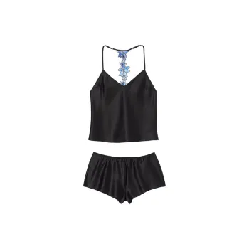 Victoria's Secret Pajama Set Women's Black Blue Flowers