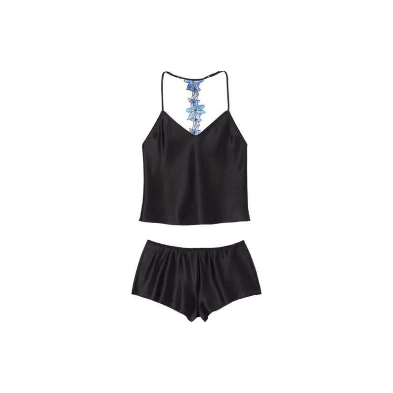 Victoria's Secret Pajama Set Women's Black Blue Flowers-0