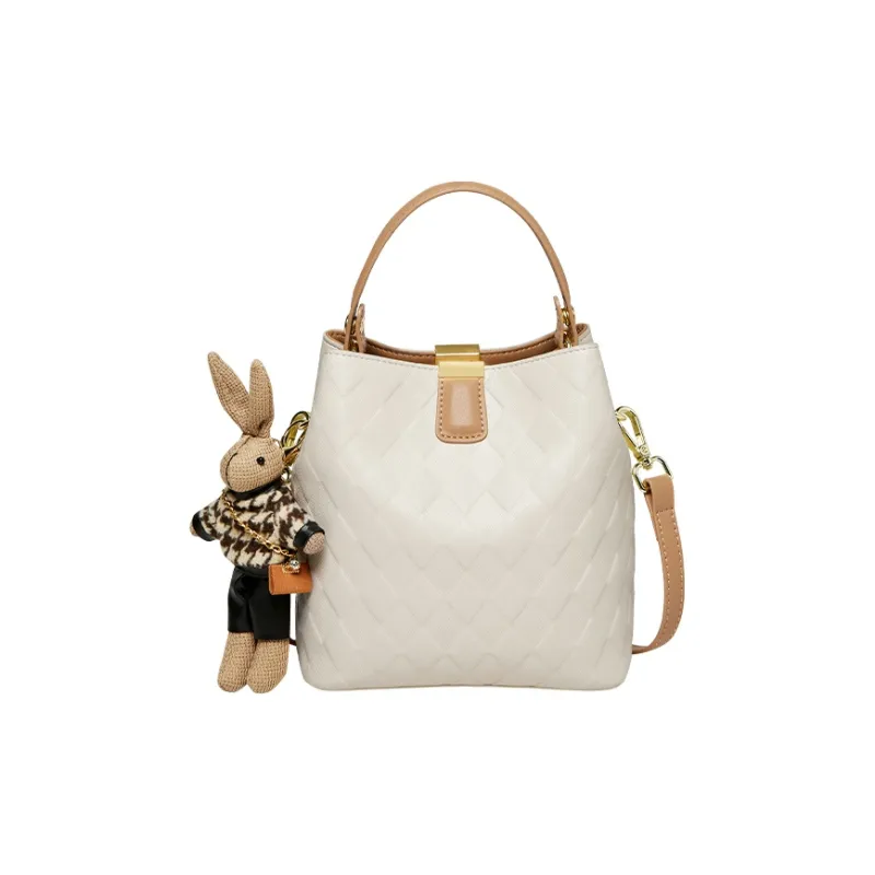 15 MINS Cow Leather With Synthetic Leather Bucket Bag, Handbag, Shoulder Bag, Crossbody Bag Trumpets Women's Ecru-1