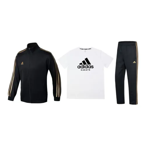 Adidas Casual Sportswear Men Set Black Base With Gold Stripes Coats+White Base With Black Logo T-Shirts+Black Pants