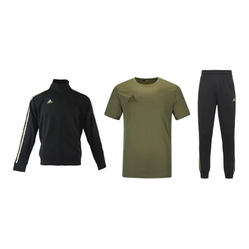 Adidas Casual Sportswear Men Set Black Base With Gold Stripes Coats+Olive Green T-Shirts+Black/Gold Pants