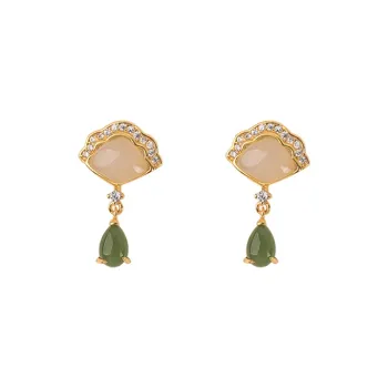 Xiaoyinjiang S925 Silver Hetian Jade Earrings Women's Pale Greenish-White Jade