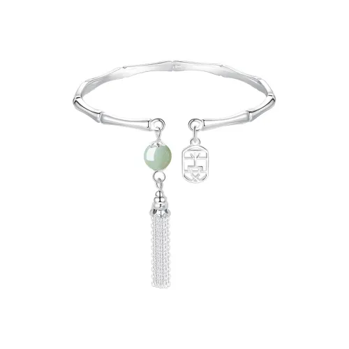 Heart Grass 999 Fine Silver Hetian Jade Bangles Women's Green Jade