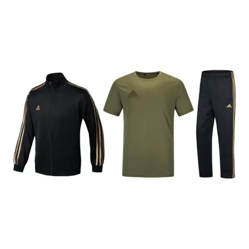 Adidas Casual Sportswear Men Set Black Base With Gold Stripes Coats+Olive Green T-Shirts+Black Pants