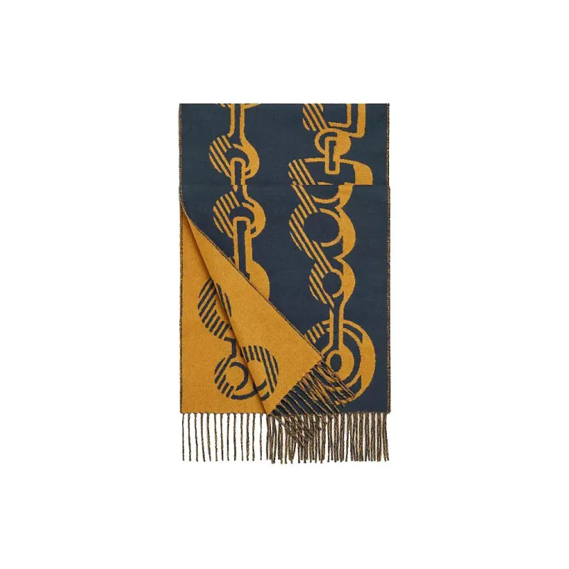 HERMES Cashmere Knit Scarves Women's Black Blue/Ochre Yellow-3
