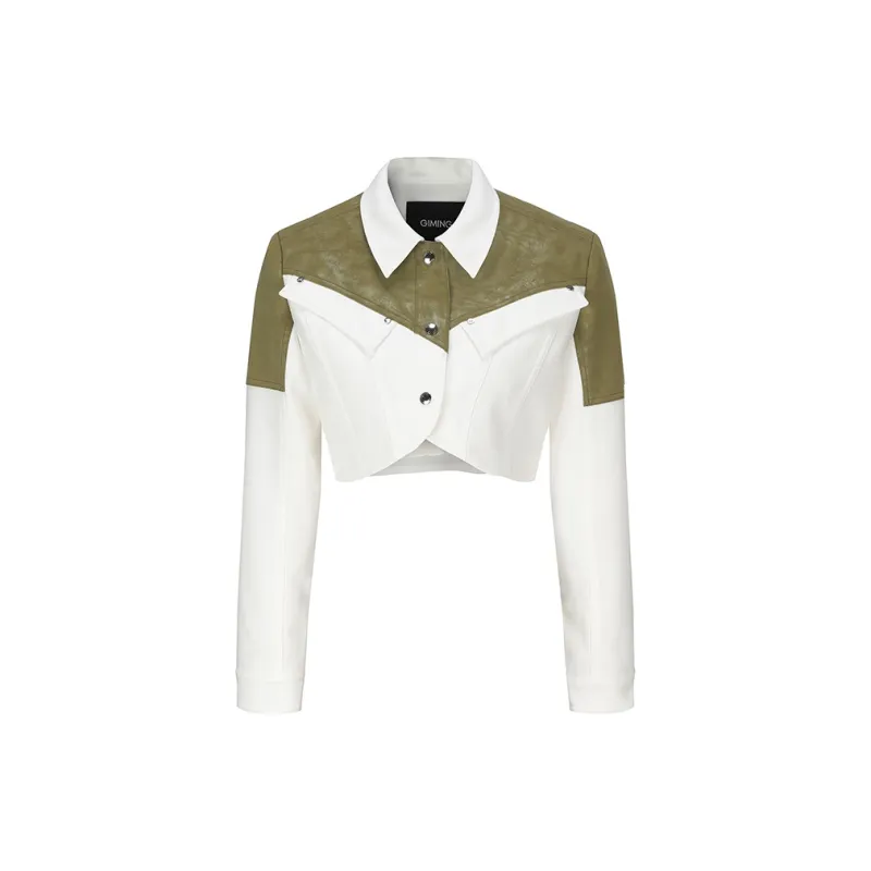 GIMING Cropped Coats Women's Green+White-0