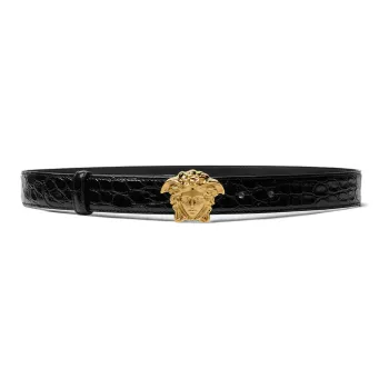 VERSACE Crocodile Pattern Embossed Smooth Buckle Leather Belts Women's Black Width: 3CM