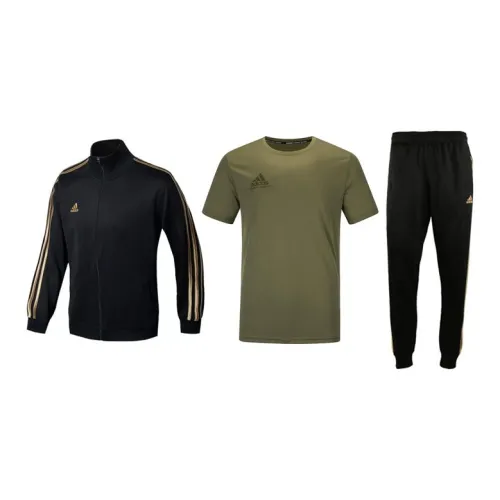 Adidas Casual Sportswear Men Set Black Base With Gold Stripes Coats+Olive Green T-Shirts+Black Pants