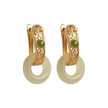 Xiaoyinjiang Hetian Jade Hoop Earrings Women's Pale Greenish-White Jade