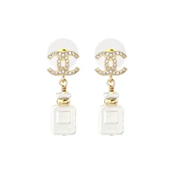 CHANEL Metal Rhinestone Earrings Women's White
