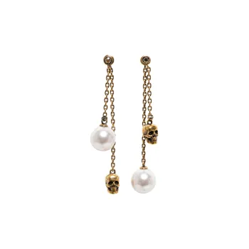 Alexander McQueen Pearl Like Skull Chain Drop Earring In Antique Gold