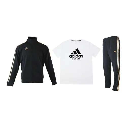 Adidas Casual Sportswear Men Set Black/Gold Coats+White Base Black Label T-Shirts+Black/Gold Pants