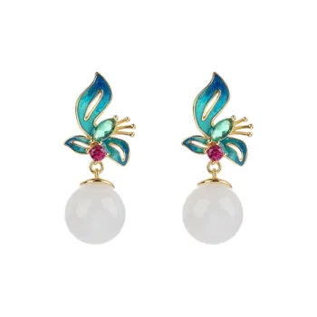 Xiaoyinjiang S925 Silver Hetian Jade Earrings Women's Pale Greenish-White Jade
