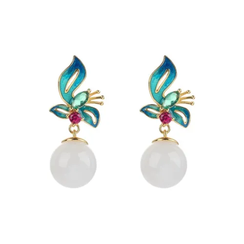 Xiaoyinjiang S925 Silver Hetian Jade Earrings Women's Pale Greenish-White Jade