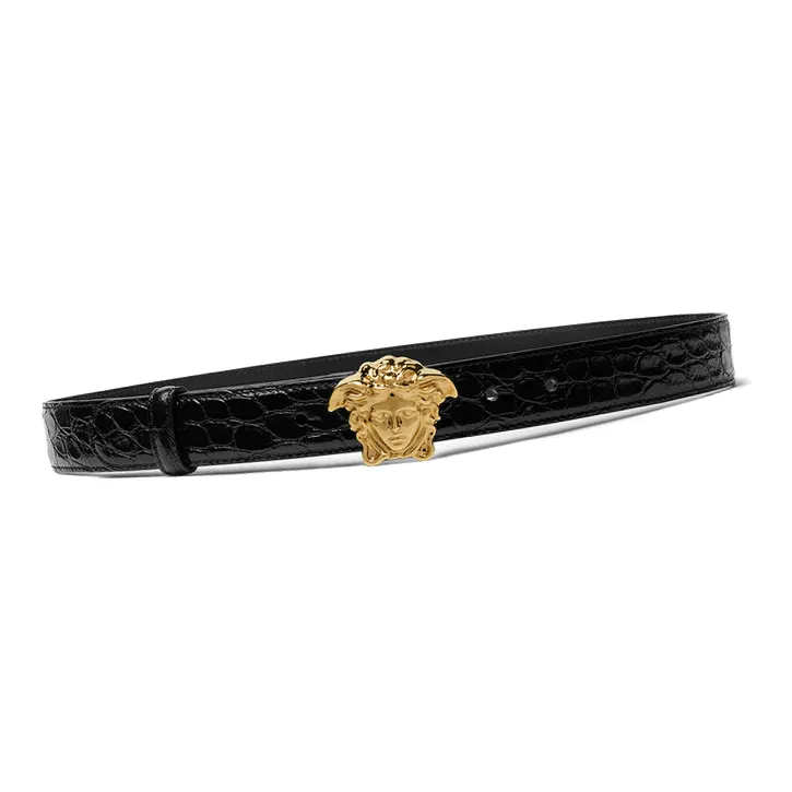 VERSACE Crocodile Pattern Embossed Smooth Buckle Leather Belts Women's Black Width: 3CM-1