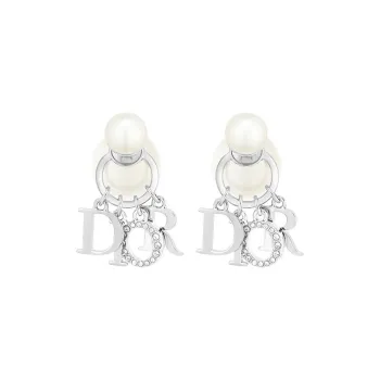 DIOR Resin Faux Crystal Metal Earrings Women's White