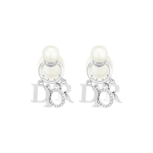 DIOR Resin Faux Crystal Metal Earrings Women's White