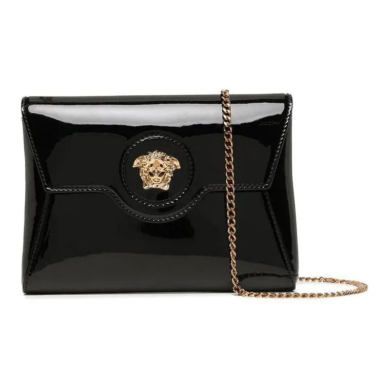 VERSACE Leather Bonded Patent Leather Shoulder Bag Crossbody Bag Women's Black-0