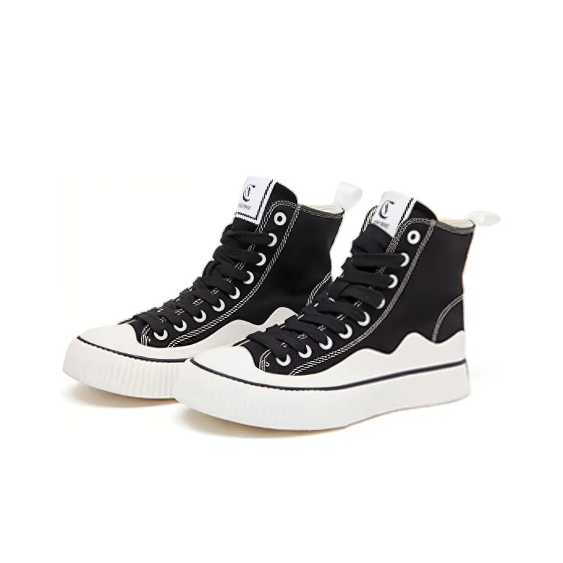 Cabbeen Preppy Style High-Top Skateboard Shoes Women's Black & White-2