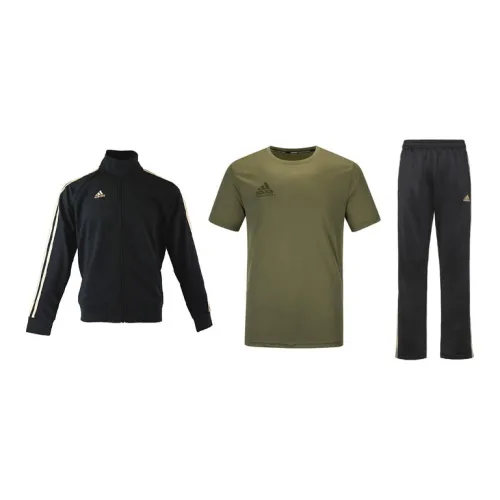 Adidas Casual Sportswear Men Set Black Base With Gold Stripes Coats+Olive Green T-Shirts+Black/Gold Pants