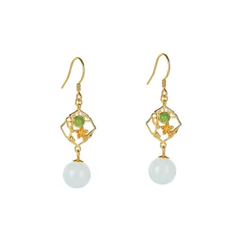 Xiaoyinjiang Hetian Jade S925 Silver Earrings Women's Pale Greenish-White Jade