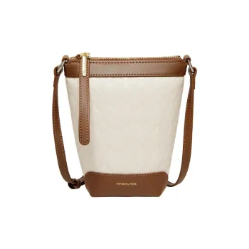 15 MINS Cow Leather Cell Phone Pouch Shoulder Bag Crossbody Bag Mini Women's Ecru & Coffee