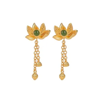 Tinessy Jasper Gold-Plated S925 Sterling Silver Hetian Jade Drop Earrings Women's