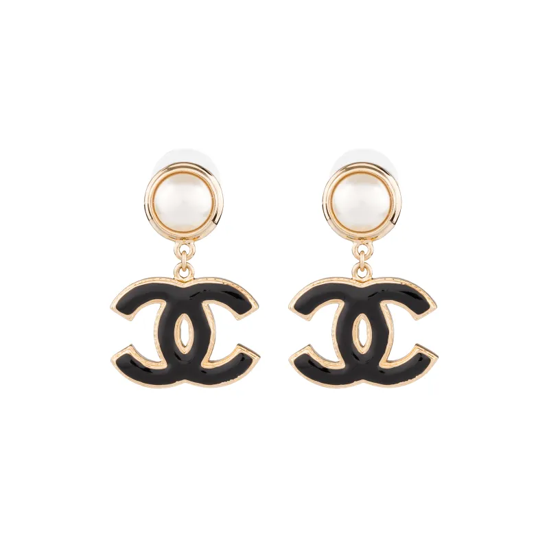CHANEL Pearl Earrings Women's Black-3