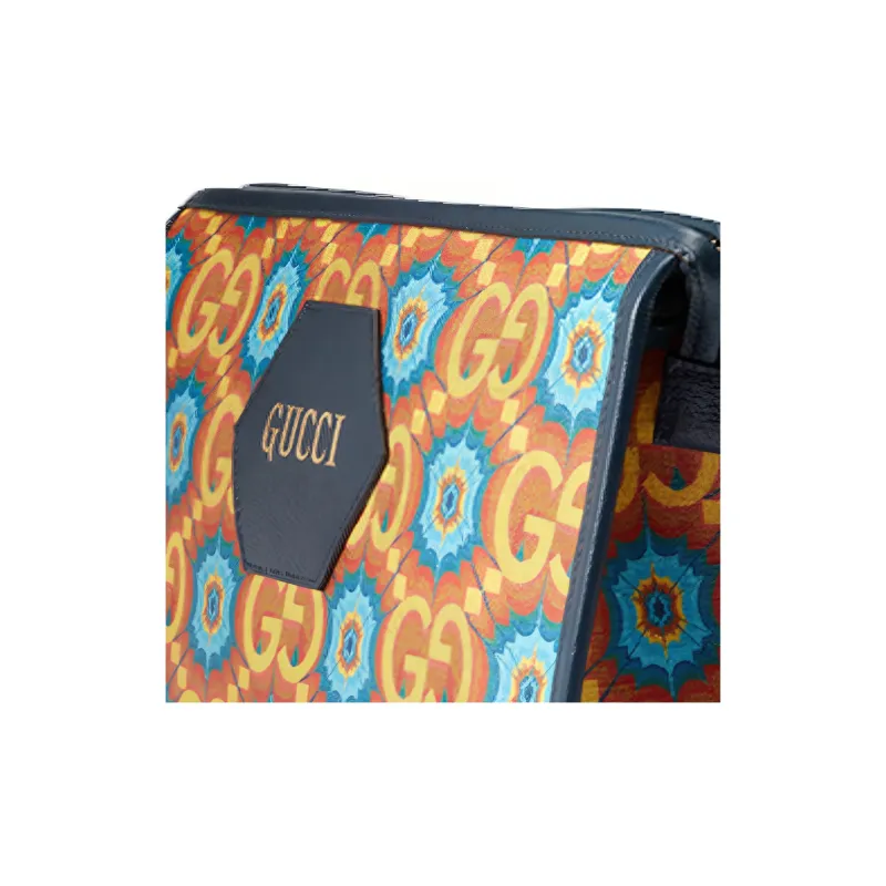 GUCCI Canvas With Leather Clutch Unisex Orange & Dark Blue-7