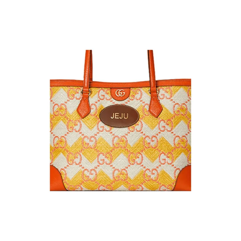 GUCCI Straw With Leather Trim Tote Bag Shopping Bag Shoulder Bag Handbag Women's Yellow/Orange-7