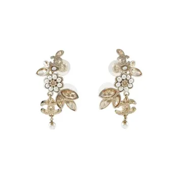 CHANEL Faux Pearl Crystal Earrings Women's Gold