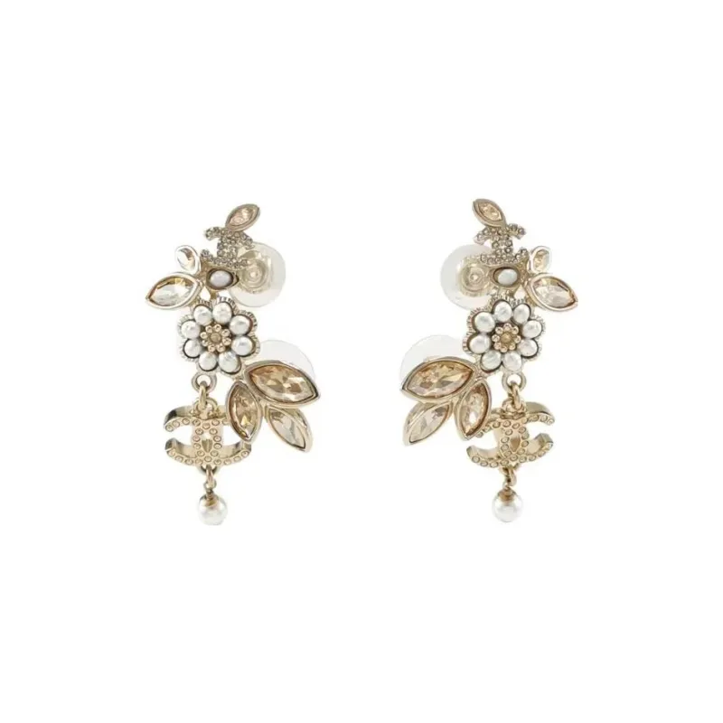 CHANEL Faux Pearl Crystal Earrings Women's Gold-0