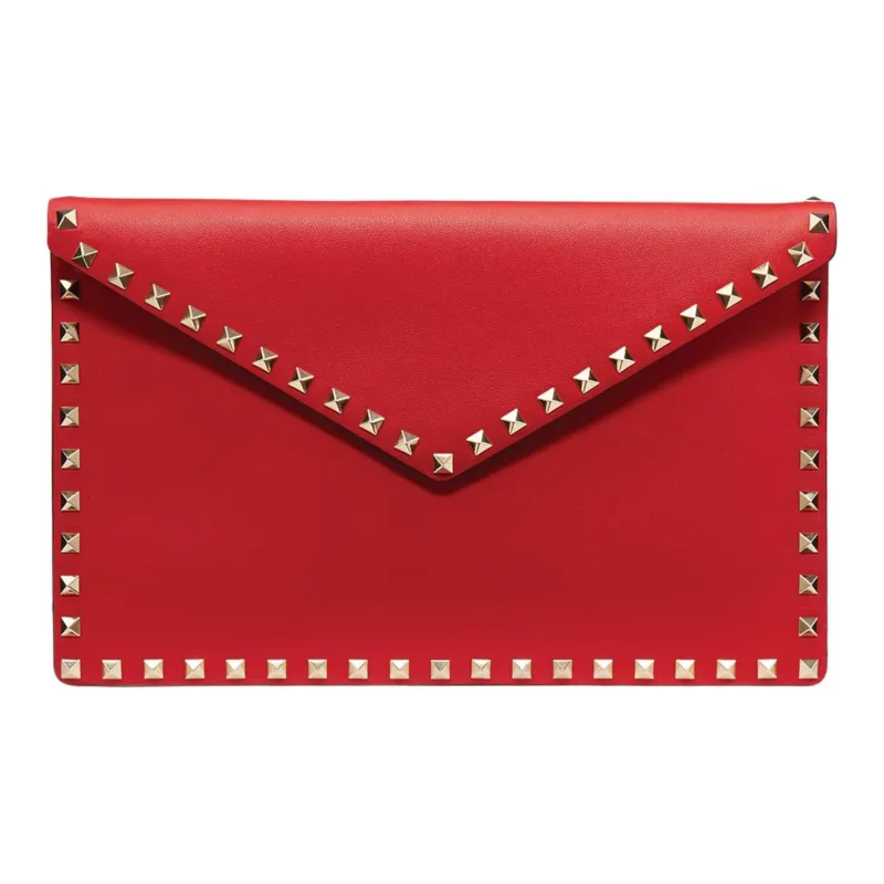 Valentino GARAVANIRockstud Grained Leather Clutch Women's Red-0