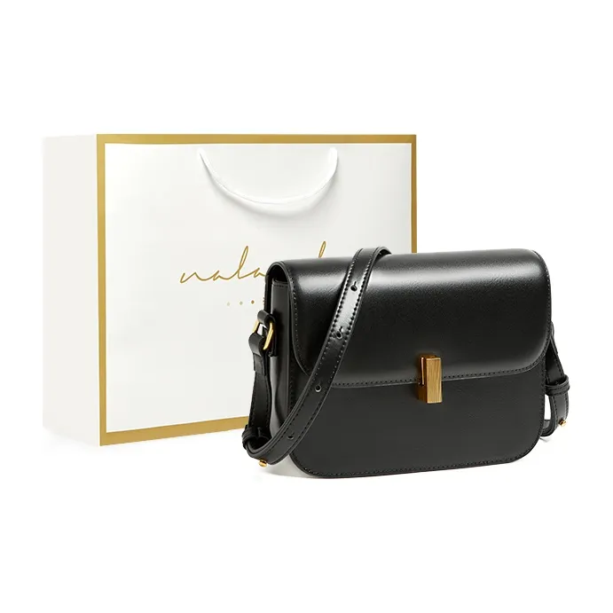 Narandu Cow Leather Synthetic Leather Small Square Bag Tofu Bag Shoulder Bag Crossbody Bag Women's Ecru/Midnight Black-6