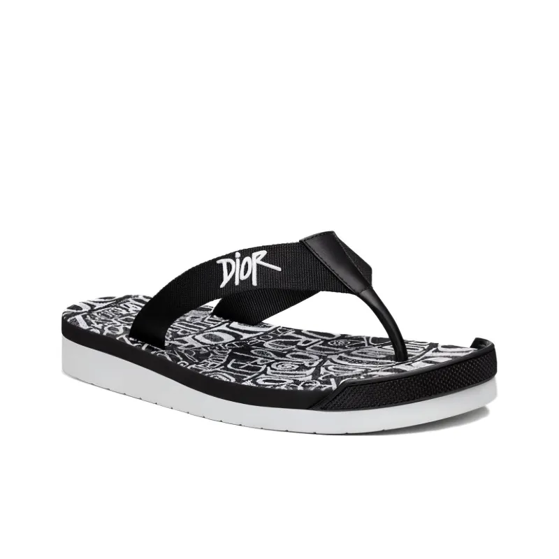 DIOR And Shawn Embroidery Flip Flops White Black-2