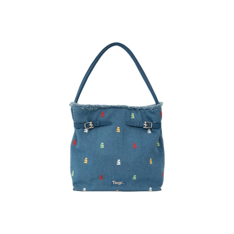 Tagi. Synthetic Leather Imaginary Lace Up Hobo Handbag, Shoulder Bag Women's Denim Fringe-0