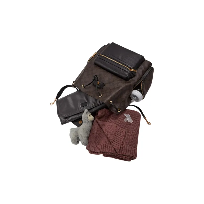 COACH Baby Canvas With Leather Backpack Mom Bag Backpacks Large Size Unisex Black Brown-3