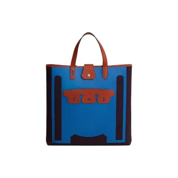 HERMES Cotton Canvas With Calfskin Tote Bag Shopping Bag Handbag Women's Black & Red & Blue
