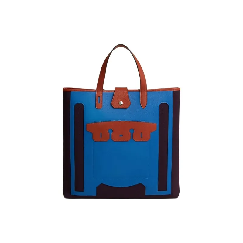 HERMES Cotton Canvas With Calfskin Tote Bag Shopping Bag Handbag Women's Black & Red & Blue-0