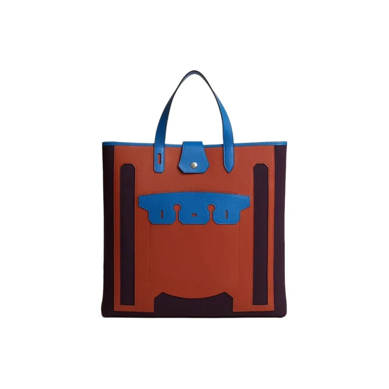 HERMES Cotton Canvas With Calfskin Tote Bag Shopping Bag Handbag Women's Black & Red & Blue-2