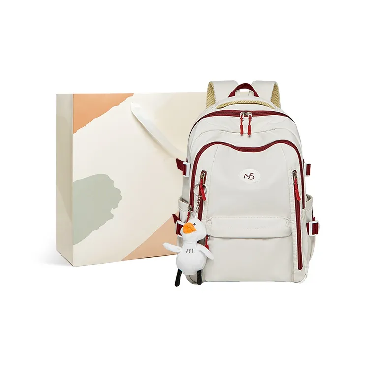 15 MINS Fabric With Synthetic Leather Laptop Bag Travel Bag Large Size Women's Ecru & Red-0