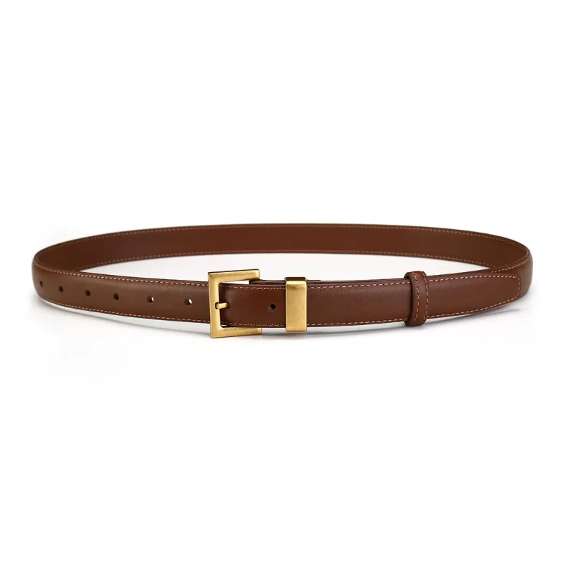 Old Man's Head Minimalist Style Slimming Versatile Slimming Top Grain Cow Leather Leather Belts Women's Black 2.4cm-1