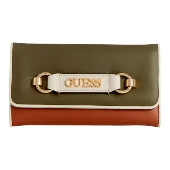 GUESS Faux Leather Wallet Women's Olive Multicolor & Red