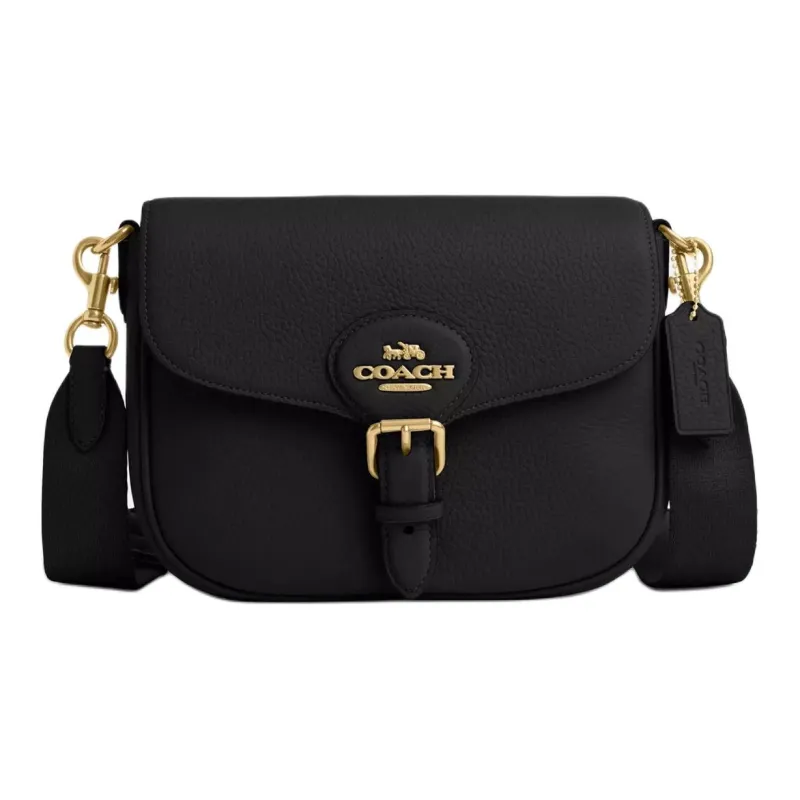 COACH Amelia Soft Pebbled Leather Saddle Bag, Shoulder Bag, Crossbody Bag Medium Size Women's Black-0