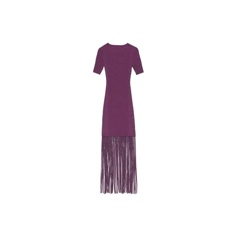 GANNI Purple Melange Knit Fringe Short Sleeve Mini Dress Short-Sleeved Dresses Women's Purple-1
