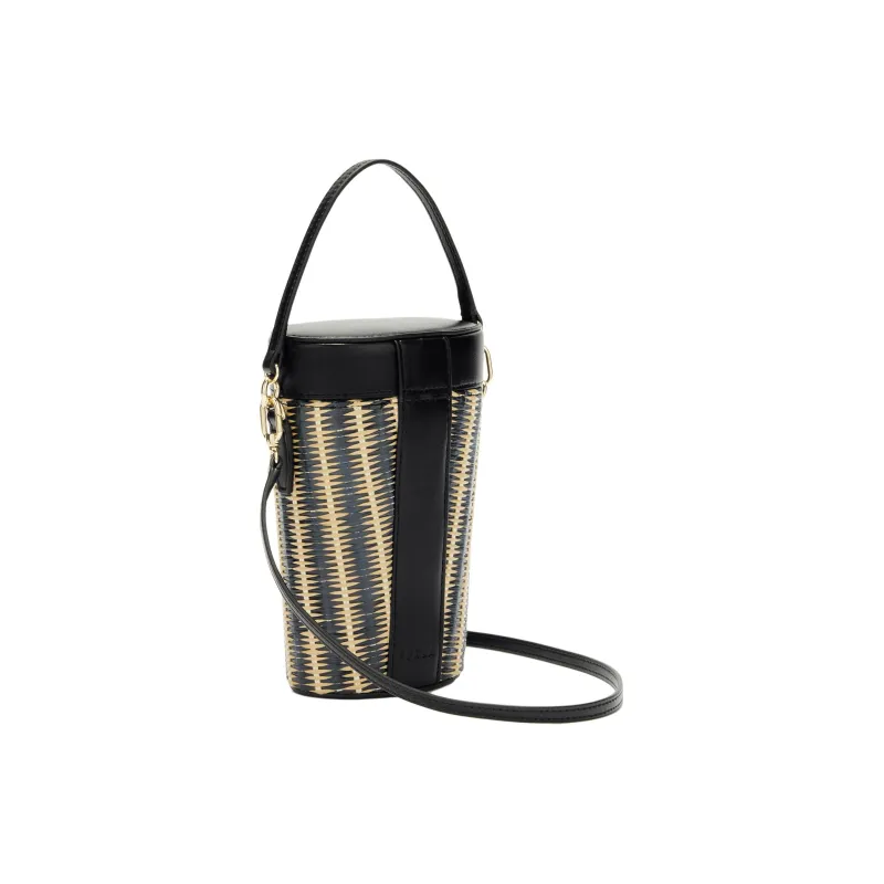 Furla Net Collection Stripes Raffia Bucket Bag Handbag Shoulder Bag Crossbody Bag Mini Women's Black-1
