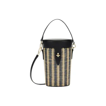 Furla Net Collection Stripes Raffia Bucket Bag Handbag Shoulder Bag Crossbody Bag Mini Women's Black