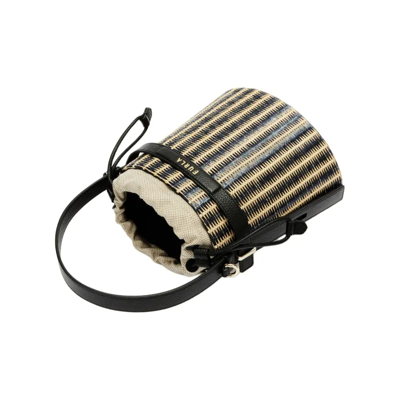 Furla Raffia Bucket Bag, Shoulder Bag, Crossbody Bag, Handbag Mini Women's Black-2