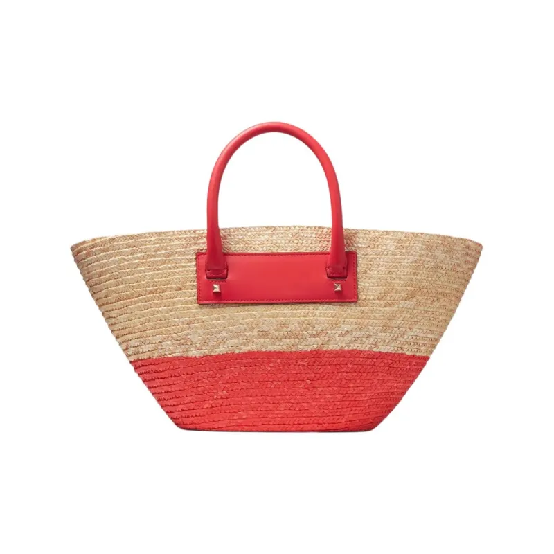 Jimmy Choo Tote Bag Shopping Bag Handbag Raffia Medium Size Women's Natural Multicolor Red-2