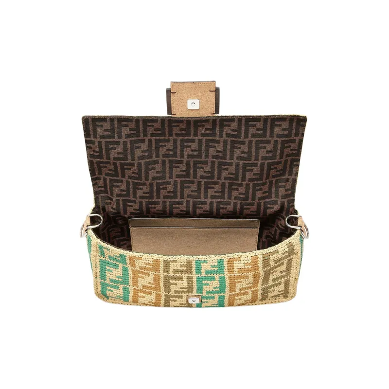 FENDI Raffia Straw Bag Shoulder Bag Crossbody Bag Handbag Large Size Men's Beige Spelled With Multiple Colors-3